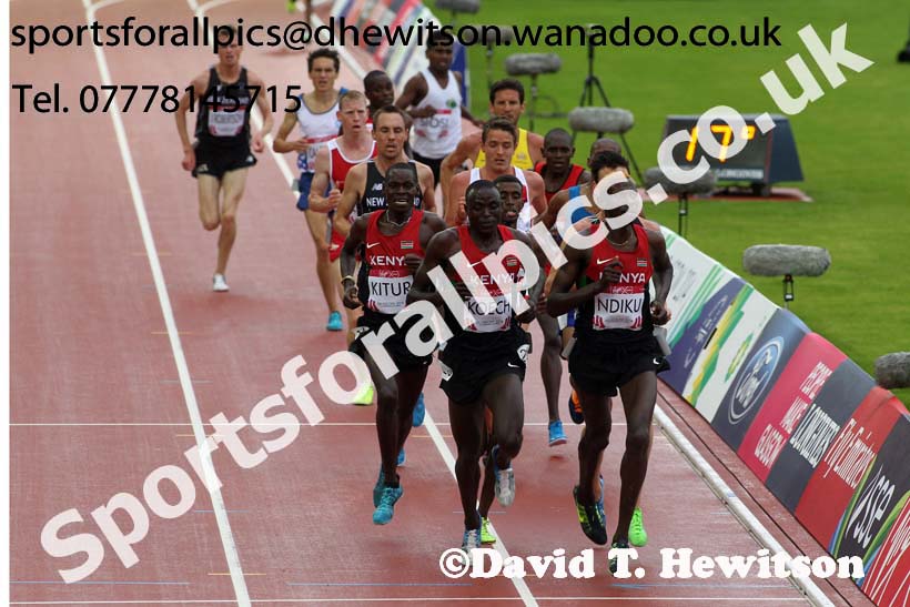 Joseph Kitur, Isiah Koech and Caleb Ndiku (all Kenya) lead the 5000 metres, 2014 Commonwealth Marathon, Glasgow. Photo: David T. Hewitson/Sports for All Pics